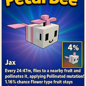 Może przedstawiać: Grafika cyfrowa przedstawiająca pikselową pszczołę, nazwaną "Petal Bee", z różowymi skrzydłami i akcentami. Obraz zawiera tekst "Jax" i szczegóły dotyczące jej funkcji w grze, na niebieskim tle z logo Roblox.