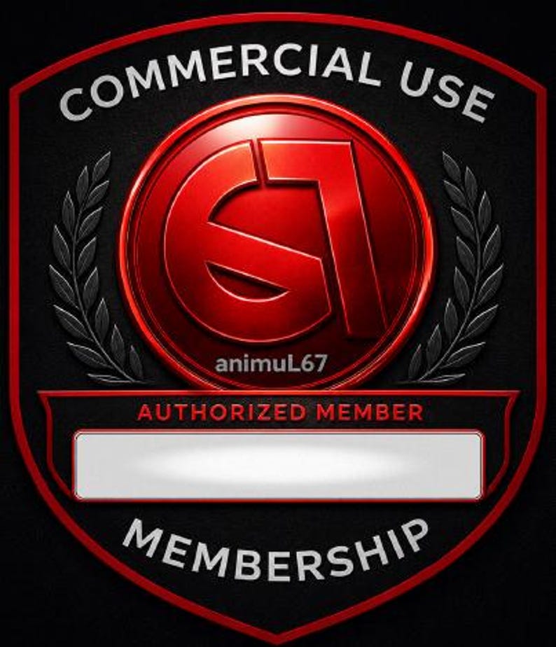 May include: A shield-shaped emblem with a black background and red trim. It features the text COMMERCIAL USE at the top and MEMBERSHIP at the bottom. A central red circular icon displays the text animuL67, with AUTHORIZED MEMBER above a blank white bar.