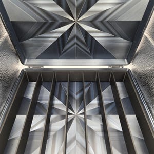 May include: A metallic storage case with a hinged lid, featuring a geometric starburst pattern engraved on the interior surfaces. The base contains five parallel vertical dividers creating six distinct compartments for organized storage.