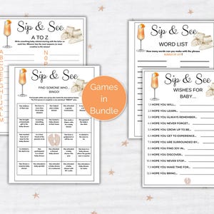 May include: Four printable baby shower game cards with a peach and orange color scheme. The cards feature a cocktail glass with a peach colored drink and a pair of baby booties. The games are "Sip & See A to Z", "Sip & See Find Someone Who Bingo", "Sip & See Word List", and "Sip & See Wishes for Baby".