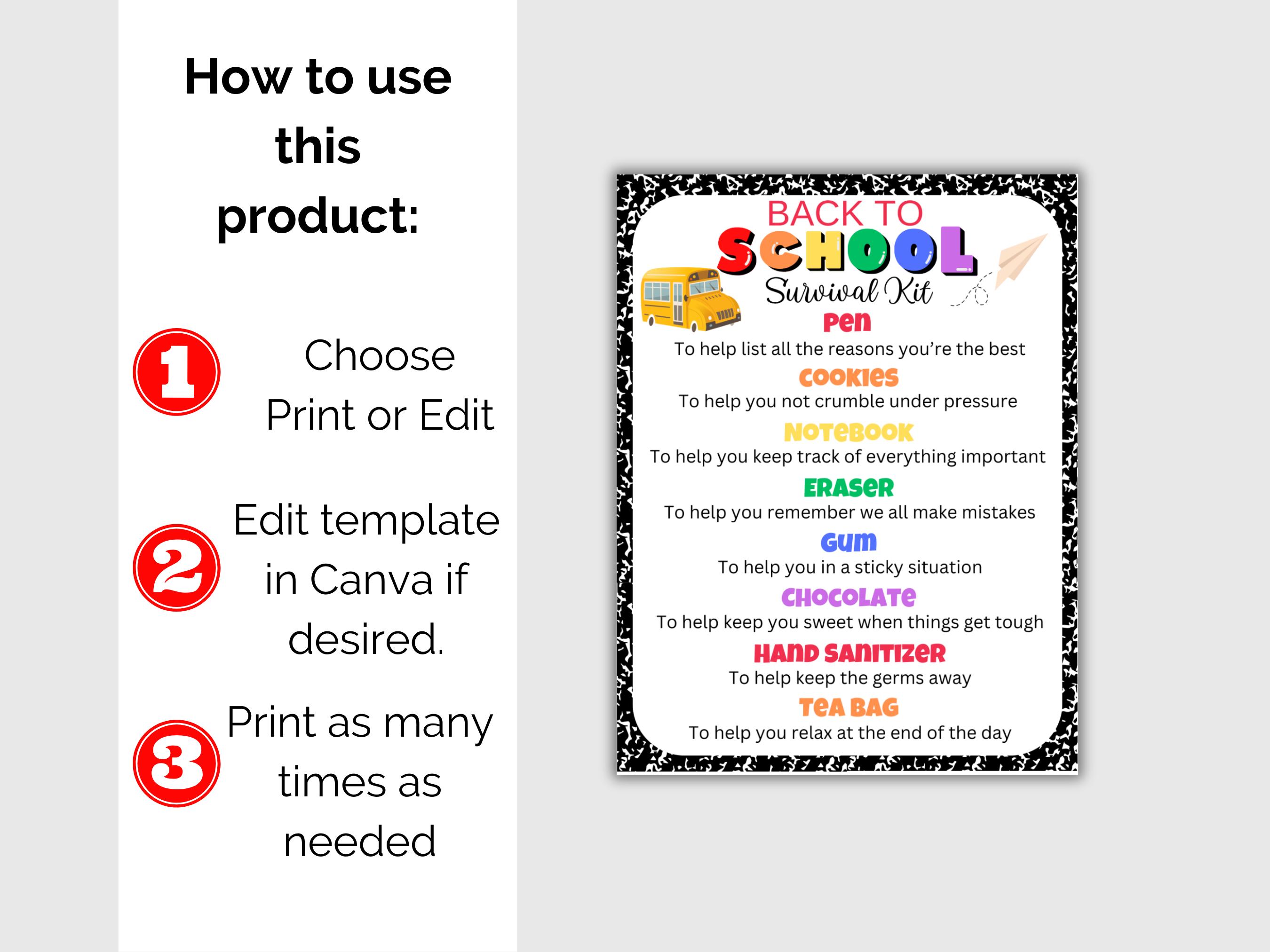 Editable Back to School Survival Kit Gift Tags, Back to School Gift Tag ...