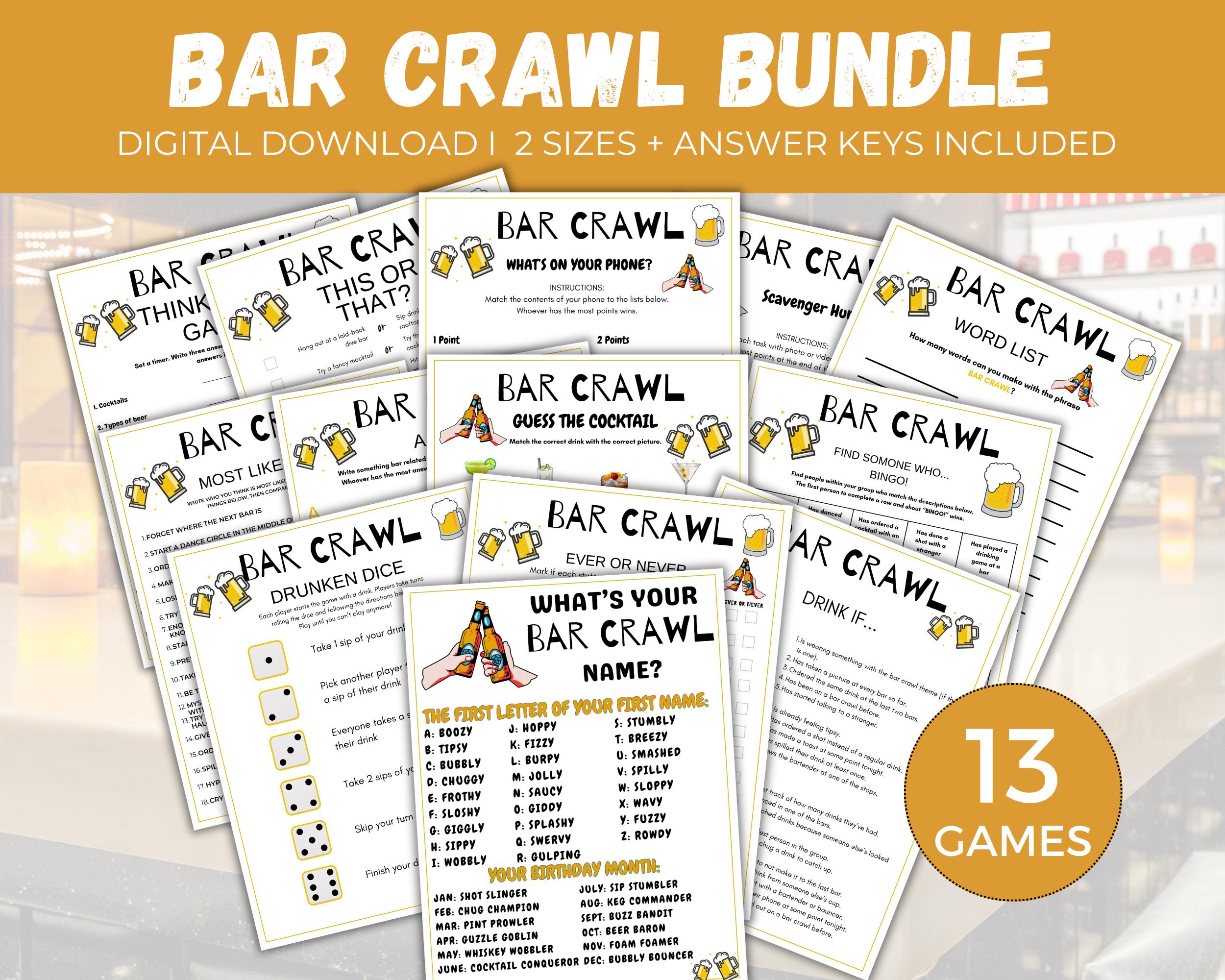Bar Crawl Game Bundle, 13 Printable Pub Crawl Games, Bar Scavenger Hunt — free download