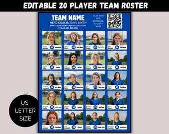 May include: A blue and white team roster template with the text "EDITABLE 20 PLAYER TEAM ROSTER" at the top. The roster includes player photos and positions. The text "US LETTER SIZE" is in a black circle at the bottom.