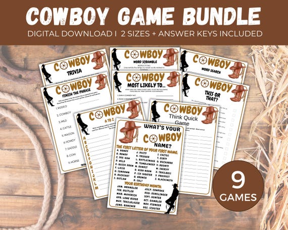 Cowboy Game Bundle, Printable Cowboy Games, Cowboy Party Games