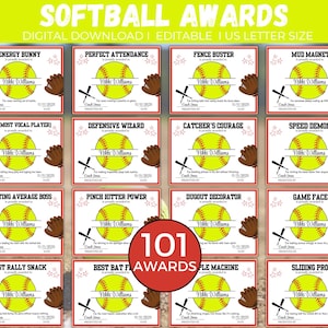 Puede incluir: Una colección de premios de softbol con un diseño de softbol amarillo, un guante marrón y el texto "SOFTBALL AWARDS". Cada premio presenta un título diferente, como "Energy Bunny" y "Perfect Attendance."