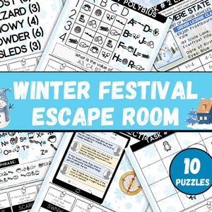 Puede incluir: Una colección de rompecabezas de escape room con temática invernal. La imagen presenta varias hojas de rompecabezas con texto, incluyendo "Winter Festival Escape Room" y "10 Puzzles". Los rompecabezas incluyen códigos, acertijos y una licencia de conducir. También hay copos de nieve y un muñeco de nieve.