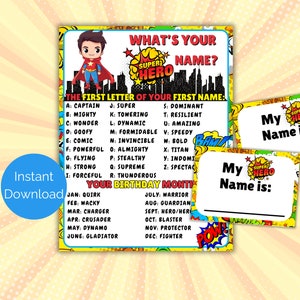 What&#39;s Your Superhero Name Game + Name Tags, Superhero Birthday Party, Superhero Printable, Superhero Birthday Game