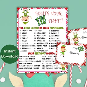 What&#39;s Your Elf Name Game + Name Tags, Christmas Party Game, Christmas Activity, Holiday Party Game for Kids, Adults, Office