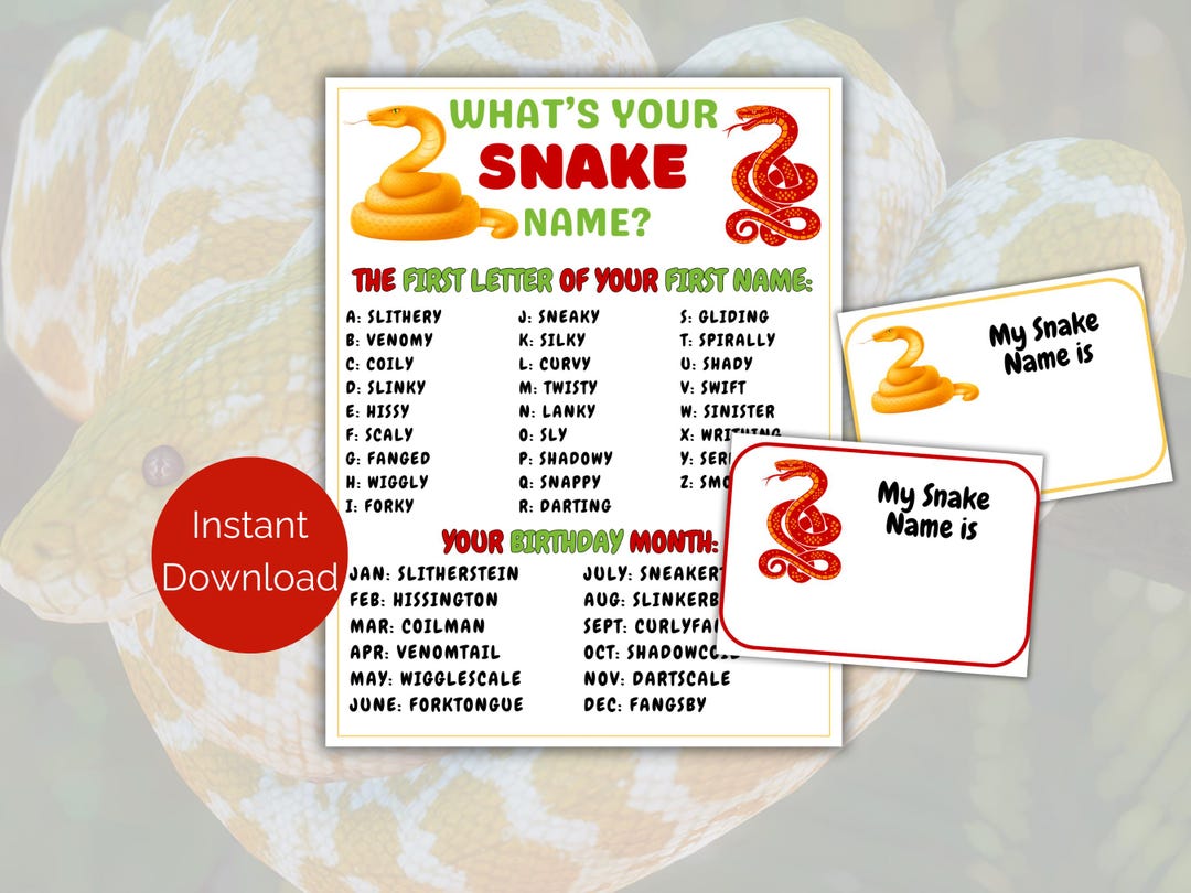 What's Your Snake Name Game + Name Tags, Printable Reptile Party Game ...