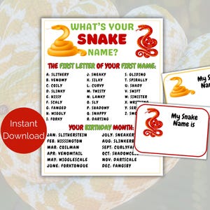 Può includere: Un gioco stampabile per bambini per determinare il loro nome di serpente in base alla prima lettera del loro nome e al loro mese di nascita. Il gioco presenta un'illustrazione di serpente rosso e verde e una carta vuota che dice "Il mio nome di serpente è".