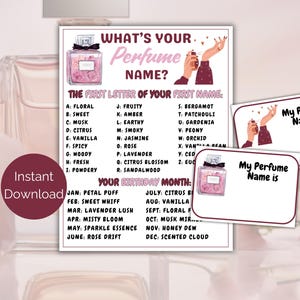 Quel est votre nom de parfum + jeu de badges, jeu imprimable sur le thème du parfum, jeu brise-glace soirée pyjama, jeu de douche nuptiale