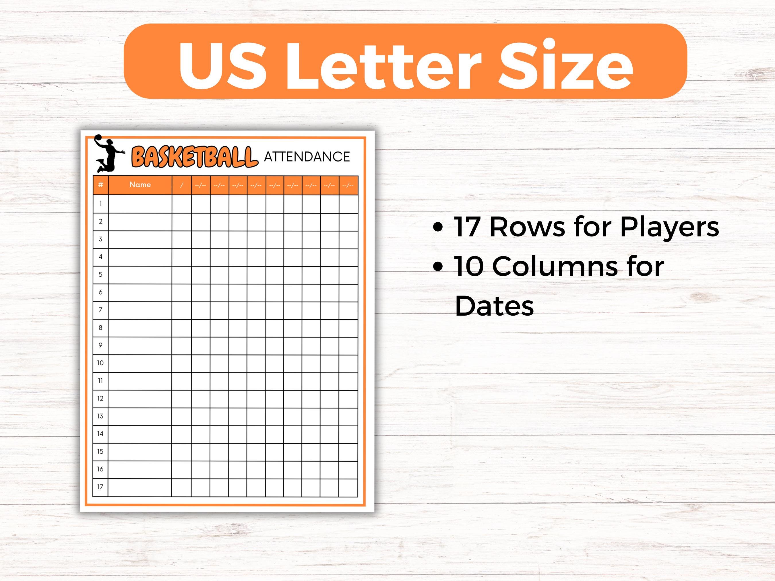 Basketball Attendance Sheet, Printable Basketball Season Attendance Log ...