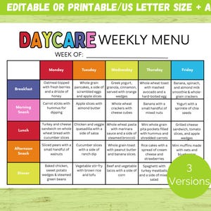 Peut inclure: Un menu hebdomadaire de garderie coloré, modifiable et imprimable, avec une option de format US Letter et A4. Le menu propose une variété d'options pour le petit-déjeuner, les collations, le déjeuner, le goûter et le dîner. Le menu comprend 3 versions.