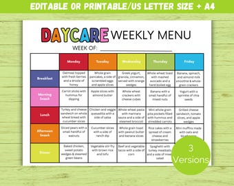Editable Home Daycare Weekly Menu, Weekly Meal Planner, Preschool Meal Planner, Daycare Template, Home School Menu, Weekly Menu for Daycare