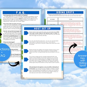 May include: A printable scavenger hunt game with instructions and clue cards. The image shows the FAQ, host setup, and hiding spots. The game is designed for kids and includes riddles and answers. The game is printed on white paper with blue and green accents.