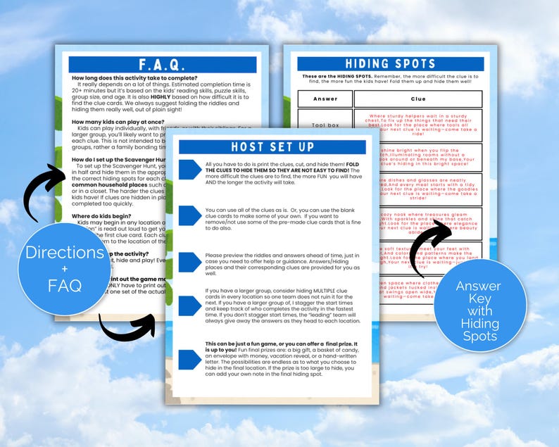 May include: A printable scavenger hunt game with instructions and clue cards. The image shows the FAQ, host setup, and hiding spots. The game is designed for kids and includes riddles and answers. The game is printed on white paper with blue and green accents.
