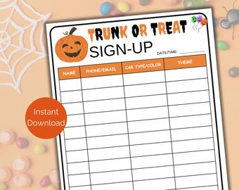 Trunk or Treat Sign Up Sheet, Printable Halloween Trunk or Treat Sign-up Form for Church and School, Trunk or Treat Vehicle Signup Sheet