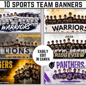 Op de afbeelding: Een verzameling van 10 sportteambanners met honkbalteams en tekst waaronder Riverdale High School Warriors, Lions, Ridgeview, Tigers en Panthers. De ontwerpen bevatten teamnamen, jaartallen zoals 2026 en schoolnamen, met een label met de tekst Easily Edit In Canva.