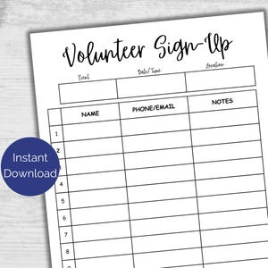 Volunteer Sign Up Sheet, Printable Volunteer Signup List, Volunteer Registration Form, Minimalist Volunteer Sign Up Form, Volunteer Sign In
