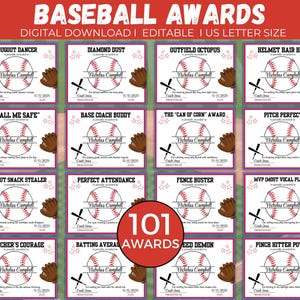 Puede incluir: Una colección de premios de béisbol con un fondo de campo de béisbol. Cada premio presenta un gráfico de béisbol, el nombre del jugador y el título del premio. El texto en la parte superior dice "BASEBALL AWARDS" y "DIGITAL DOWNLOAD I EDITABLE I US LETTER SIZE".