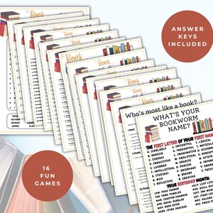 May include: A stack of book-themed game sheets with the text "Who's most like a book?" and "What's your bookworm name?" The sheets have a gold border and are decorated with book illustrations. The words "Answer Keys Included" and "16 Fun Games" are also visible.