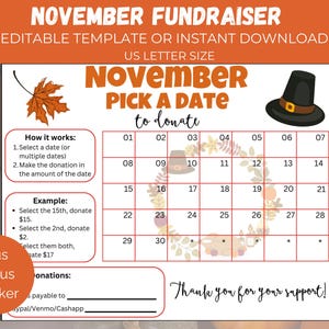 Editable November Pick A Date, Fall Fundraiser Calendar, Thanksgiving Themed Fundraiser,  Fundraising Form for school, church, all purpose