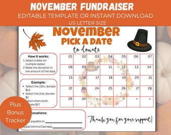 Editable November Pick A Date, Fall Fundraiser Calendar, Thanksgiving Themed Fundraiser,  Fundraising Form for school, church, all purpose