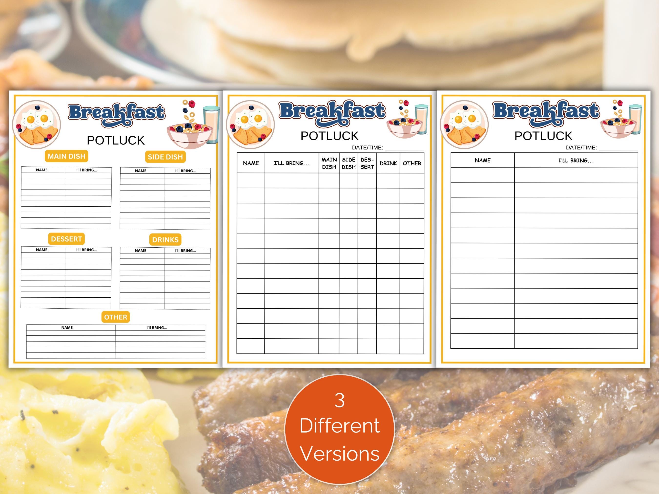Breakfast Potluck Sign up Sheet, Printable Breakfast Potluck Sign up ...