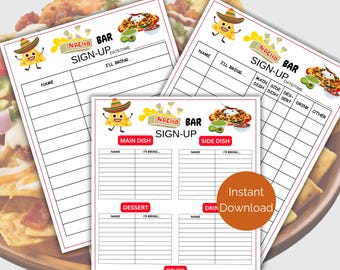 Peut inclure: Feuille de signature pour un bar à nachos imprimable avec une illustration de cartoon d'un nacho souriant. La feuille comprend des sections pour le nom, ce que vous apporterez, le plat principal, le plat d'accompagnement, le dessert, la boisson et autres.