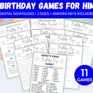 Birthday Games For Him Bundle, 11 Mens Birthday Game, Birthday Party Games for Him, Tween Birthday Game for Boy, Adult Birthday Game for Him