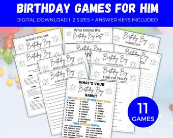 Birthday Games For Him Bundle, 11 Mens Birthday Game, Birthday Party Games for Him, Tween Birthday Game for Boy, Adult Birthday Game for Him