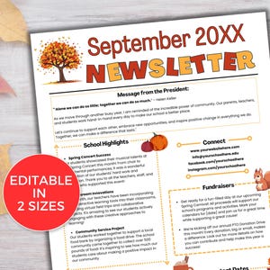 EDITABLE September PTO PTA Newsletter Template, Monthly Class September Newsletter, School Newsletter, Daycare Newsletter, Fall Newsletter