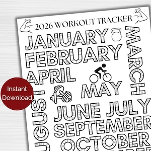 2026 Workout Tracker Coloring Page, Printable Fitness Tracker Coloring Sheets, Monthly Habit Tracker, Daily Workout Calendar, Goal Tracker