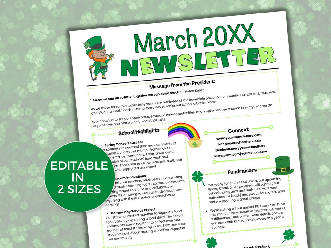 EDITABLE March PTO PTA Newsletter Template, Monthly Classroom March ...