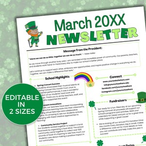 EDITABLE March PTO PTA Newsletter Template, Monthly Classroom March Newsletter, School Newsletter, Daycare Newsletter, St Patrick Newsletter