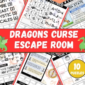 May include: A collection of puzzle sheets for a "Dragons Curse Escape Room" game. The image features various puzzles, including a Polybius cipher, a driver's license, and a series of riddles. The game includes 10 puzzles.