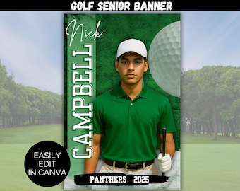 Könnte beinhalten: Ein Golf-Senior-Banner mit einem jungen Mann in einem grünen Poloshirt und einer weißen Kappe, der einen Golfschläger hält. Das Banner enthält den Text "Nick Campbell" und "Panthers 2025" sowie eine Golfballgrafik.