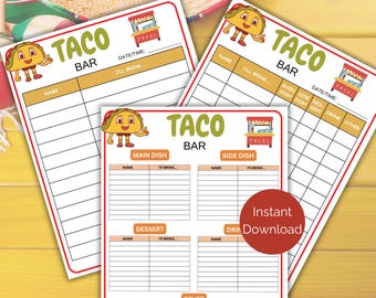 Peut inclure: Feuille de sign-up imprimable pour un bar à tacos avec un personnage de taco de dessin animé. La feuille est divisée en sections pour le plat principal, le plat d'accompagnement, le dessert et les boissons. Elle comprend un espace pour les noms et ce que chaque personne apportera.