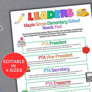 Può includere: Un volantino bianco con testo colorato che recita "LEADERS Maple Grove Elementary School Needs You!". Il volantino elenca le posizioni PTA con descrizioni e ha un cerchio rosso con la scritta "EDITABLE IN 4 SIZES".