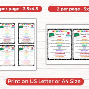 May include: Four printable cards with a black and white chalkboard design. Each card has the text "High School Survival Kit" and lists items like "pen", "cookies", "gum", "chocolate", "hand sanitizer", and "bag of chips" with a humorous description of why each item is needed. The cards are designed to be printed on US Letter or A4 size paper.