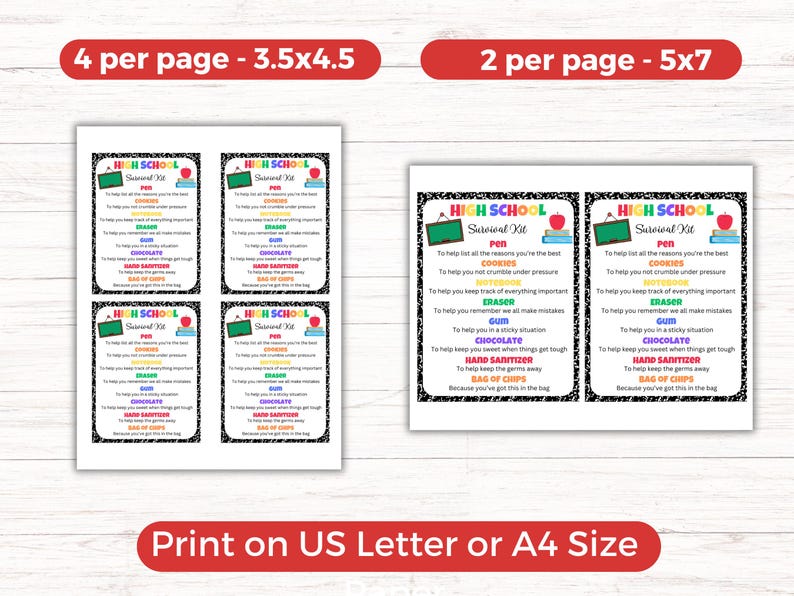 May include: Four printable cards with a black and white chalkboard design. Each card has the text "High School Survival Kit" and lists items like "pen", "cookies", "gum", "chocolate", "hand sanitizer", and "bag of chips" with a humorous description of why each item is needed. The cards are designed to be printed on US Letter or A4 size paper.