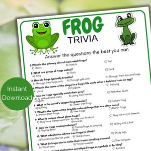May include: A green frog trivia game with 11 questions about frogs. The questions cover topics such as the frog's diet, how they breathe, and how they catch their prey. The game is designed for children and includes colorful illustrations of frogs.