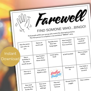 Farewell Find Someone Who Game, Going Away Party Mix and Mingle Bingo Game, Farewell Party Ice Breaker, Printable Going Away Party Games,