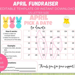 Editable April Pick A Date, April Fundraiser Calendar, Easter Themed Fundraiser,  April Spring Fundraising Form for school, church