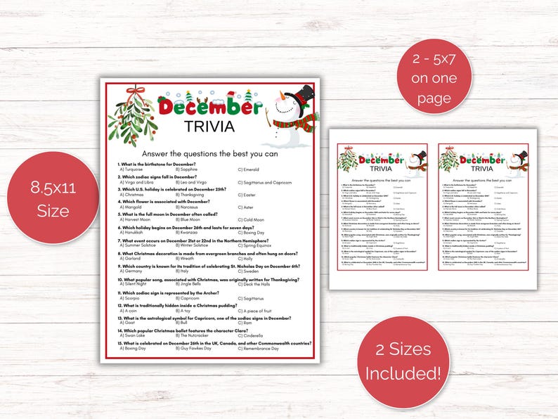 December Trivia Game, Printable December Quiz, Wintertime Activity for ...