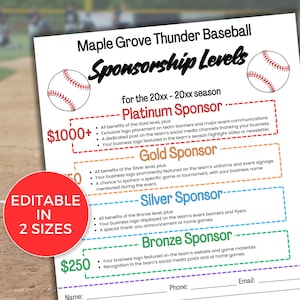 EDITABLE Baseball Sponsorship Levels Flyer Template, Baseball Team Sponsorship Form Template, Sponsor My Season, Baseball Fundraiser Flyer