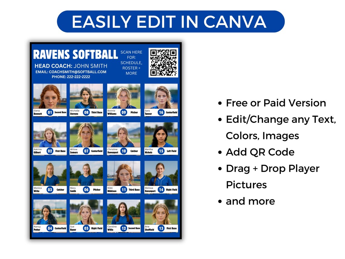 Editable 16 Player Team Roster Template, Customizable Travel Team ...