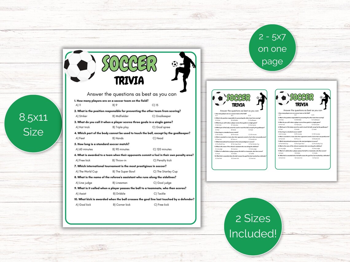 Soccer Trivia Game, Soccer Quiz, Printable Soccer Team Party Games