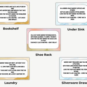 May include: A set of five colorful clue cards with text prompts for a scavenger hunt. The cards are labeled "Bookshelf", "Under Sink", "Shoe Rack", "Laundry", and "Silverware Drawer". Each card has a unique background color and a poem.