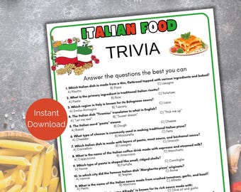 Italian Food Trivia Game, Italian Food Quiz, Pasta Trivia for kids and adults, Dinner Party Printable, Pasta Party Trivia Game